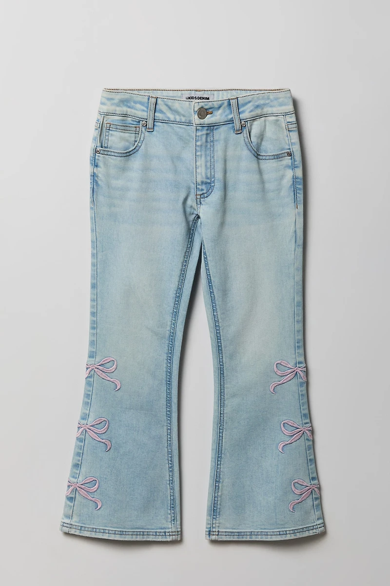Girls Bow Embroidered Mid Rise Flare Jean