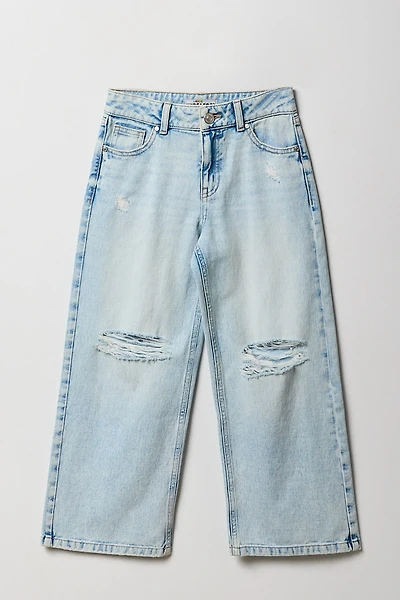 Jean mi-taille d'aspect usé à jambe large pour fille