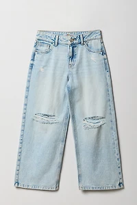 Jean mi-taille d'aspect usé à jambe large pour fille