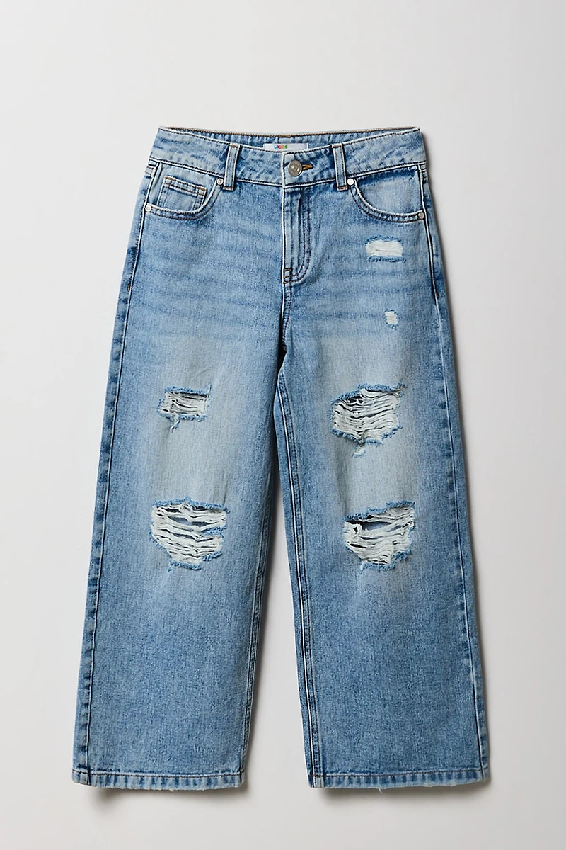 Girls Mid Rise Distressed Wide Leg Jean