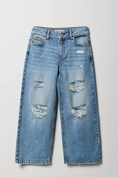 Girls Mid Rise Distressed Wide Leg Jean