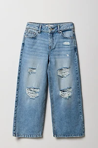 Girls Mid Rise Distressed Wide Leg Jean