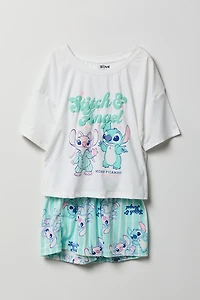 Ensemble pyjama avec t-shirt à imprimé Stitch et short pour fille
