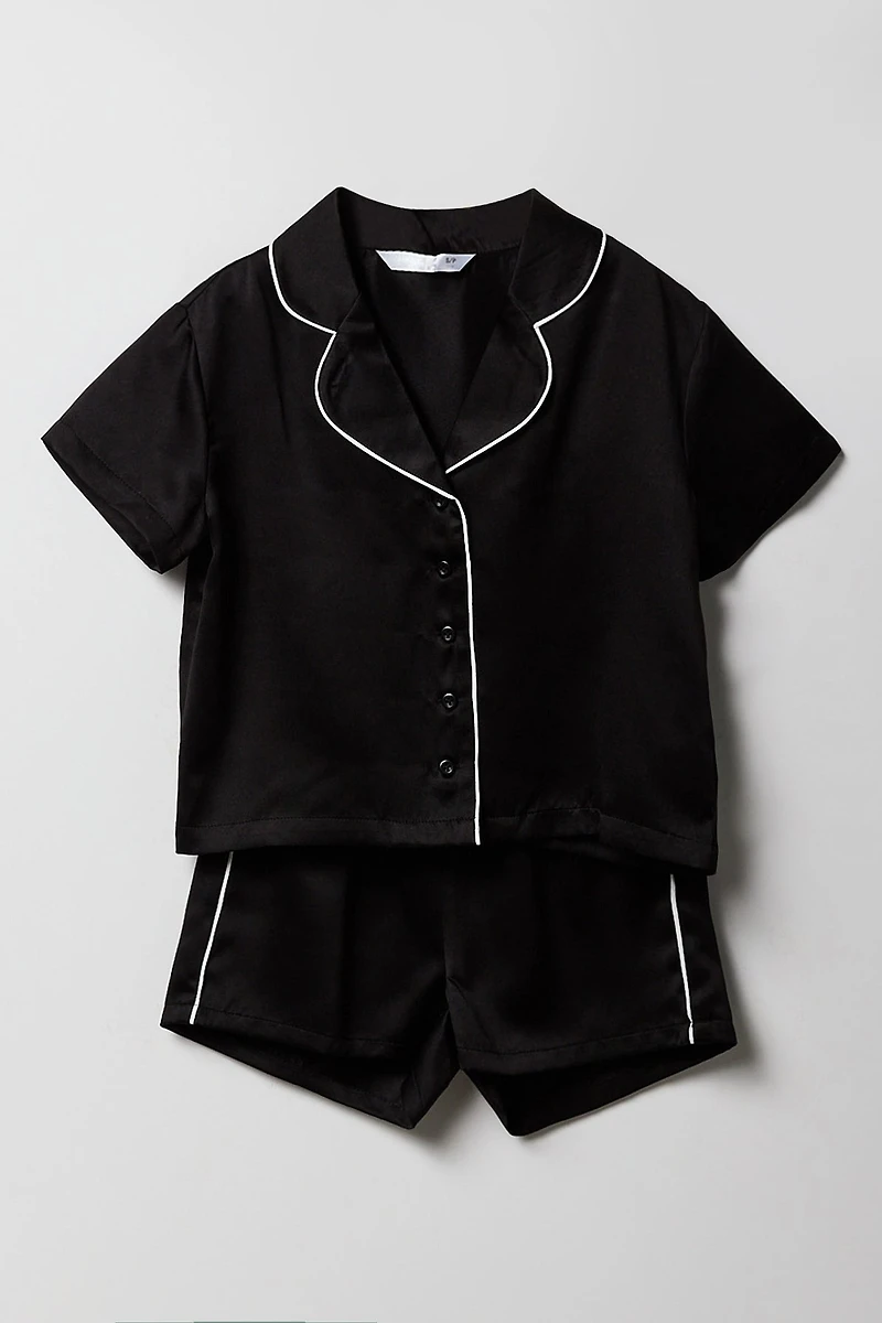 Satin Button Up Shirt & Short 2 Piece Pajama Set