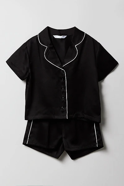 Satin Button Up Shirt & Short 2 Piece Pajama Set