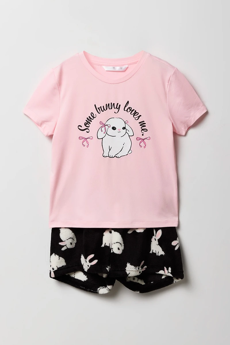 Girls Graphic T-Shirt & Plush Short 2 Piece Pajama Set