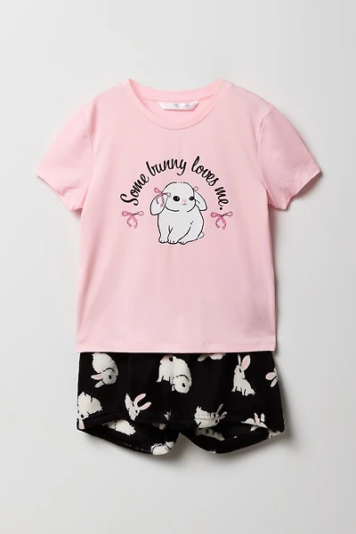Girls Graphic T-Shirt & Plush Short 2 Piece Pajama Set