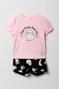Girls Graphic T-Shirt & Plush Short 2 Piece Pajama Set