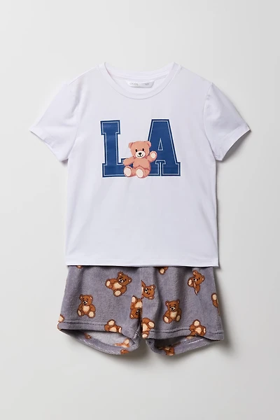 Ensemble pyjama avec t-shirt imprimé et short en peluche pour fille
