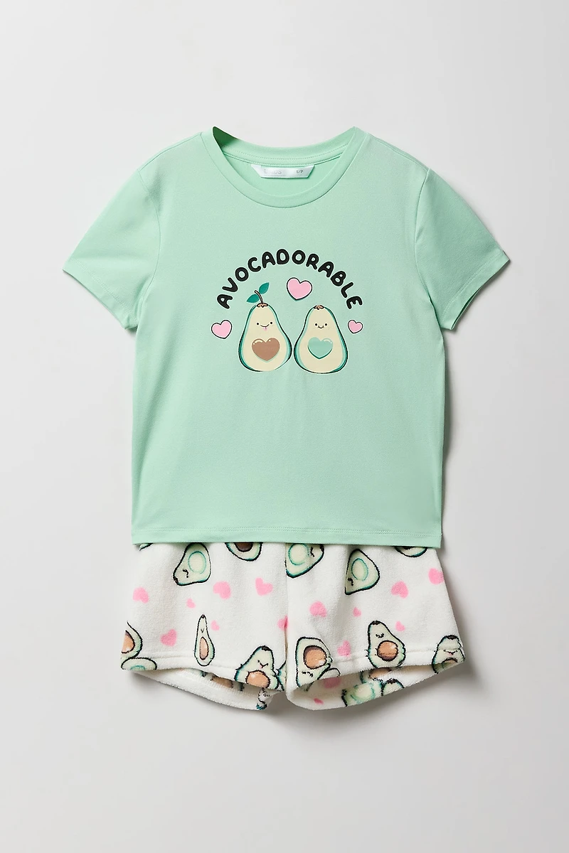 Girls Graphic T-Shirt & Plush Short 2 Piece Pajama Set