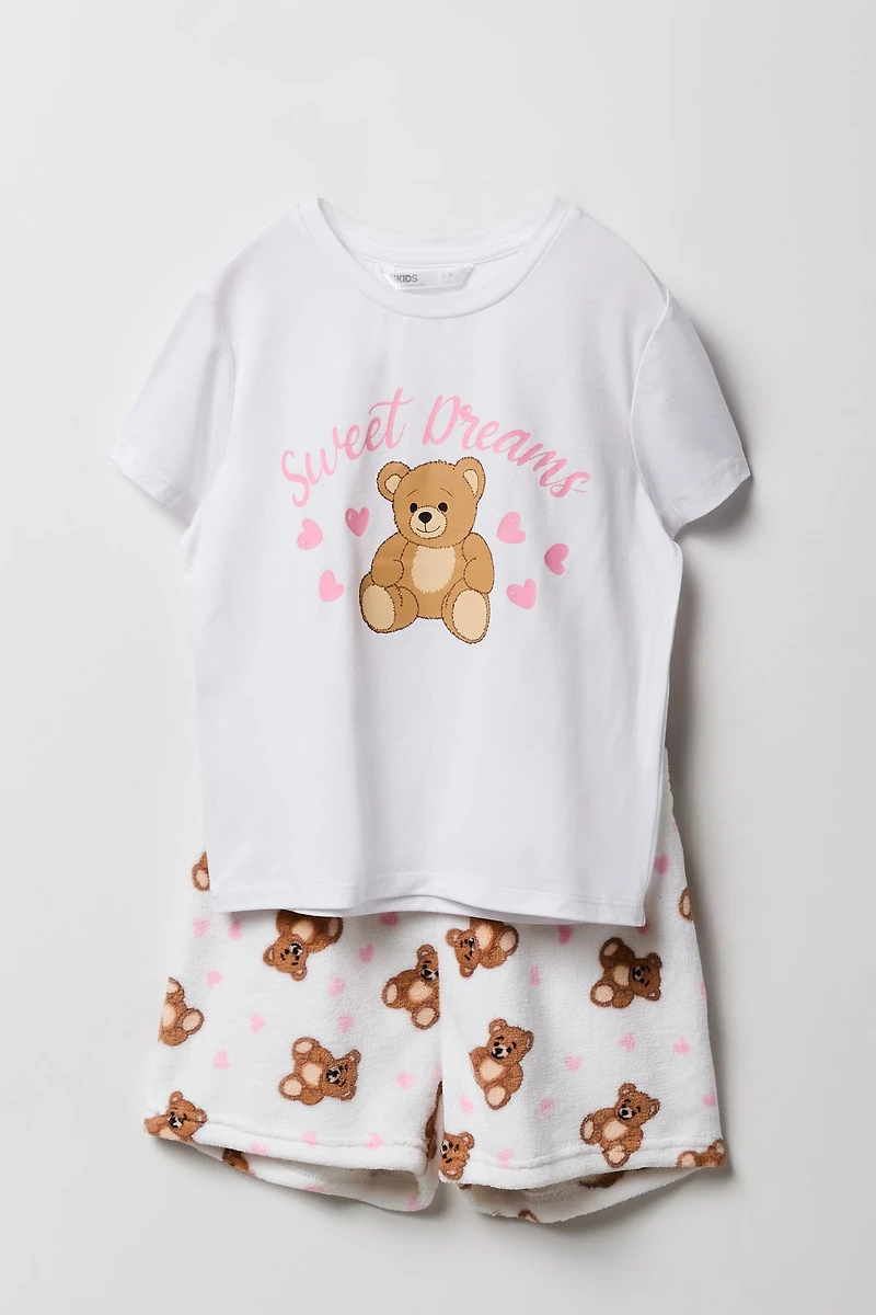 Ensemble-pyjama 2 pièces t-shirt imprimé et short pelucheux pour filles