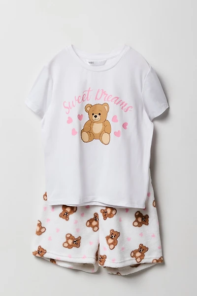 Ensemble-pyjama 2 pièces t-shirt imprimé et short pelucheux pour filles
