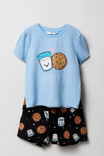 Girls Graphic T-Shirt & Plush Short 2 Piece Pajama Set
