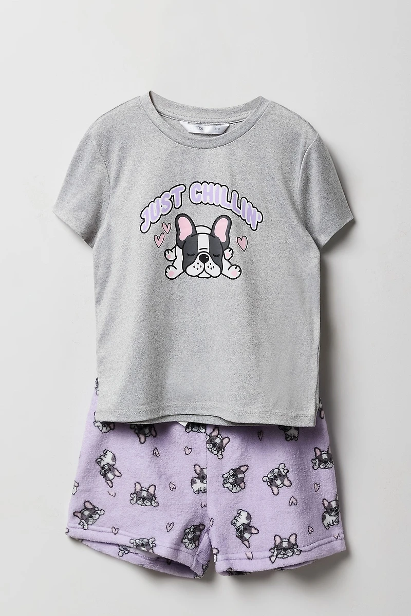 Ensemble-pyjama 2 pièces t-shirt imprimé et short pelucheux pour filles