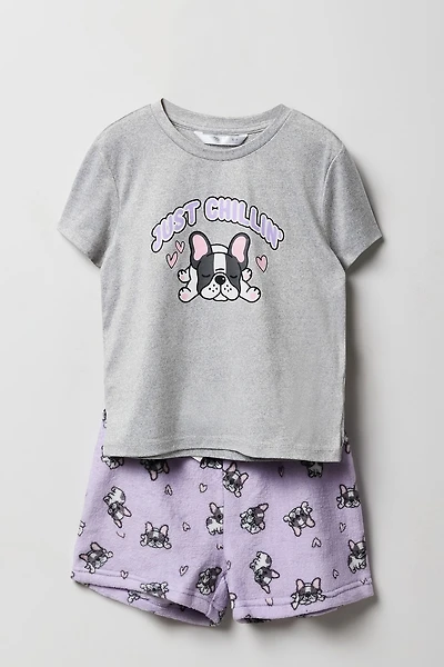 Ensemble-pyjama 2 pièces t-shirt imprimé et short pelucheux pour filles