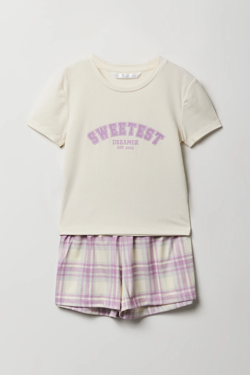 Ensemble-pyjama 2 pièces T-shirt et short à carreaux pour filles