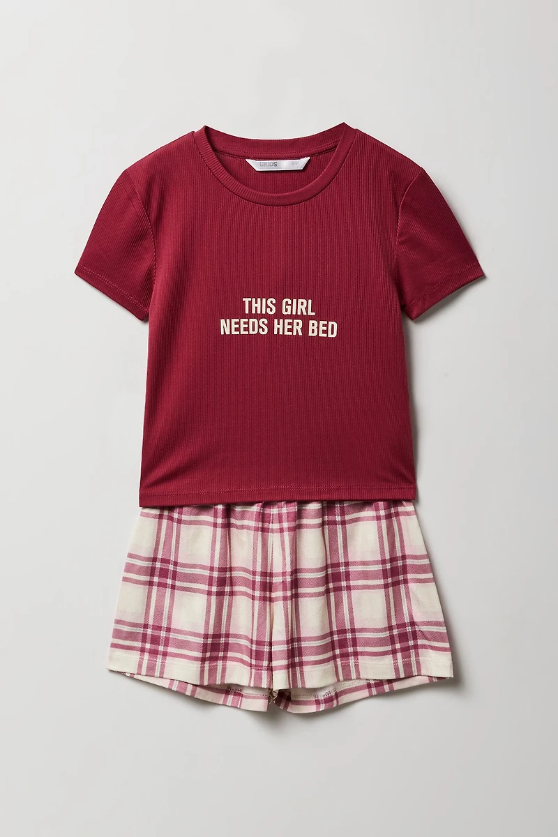 Girls Graphic T-Shirt & Plaid Short 2 Piece Pajama Set