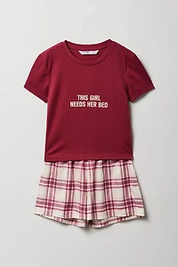 Girls Graphic T-Shirt & Plaid Short 2 Piece Pajama Set