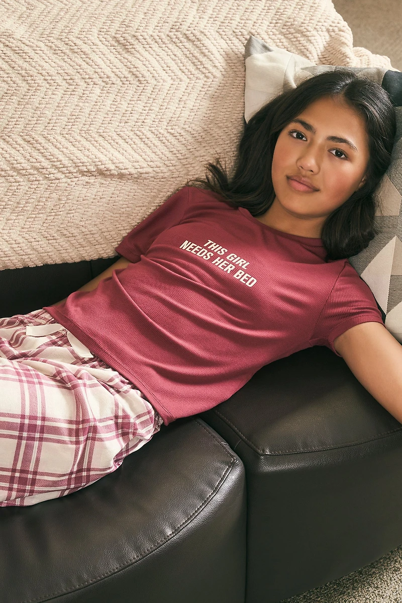 Girls Graphic T-Shirt & Plaid Short 2 Piece Pajama Set