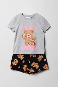 Ensemble-pyjama 2 pièces t-shirt à imprimé HD et short pelucheux pour filles