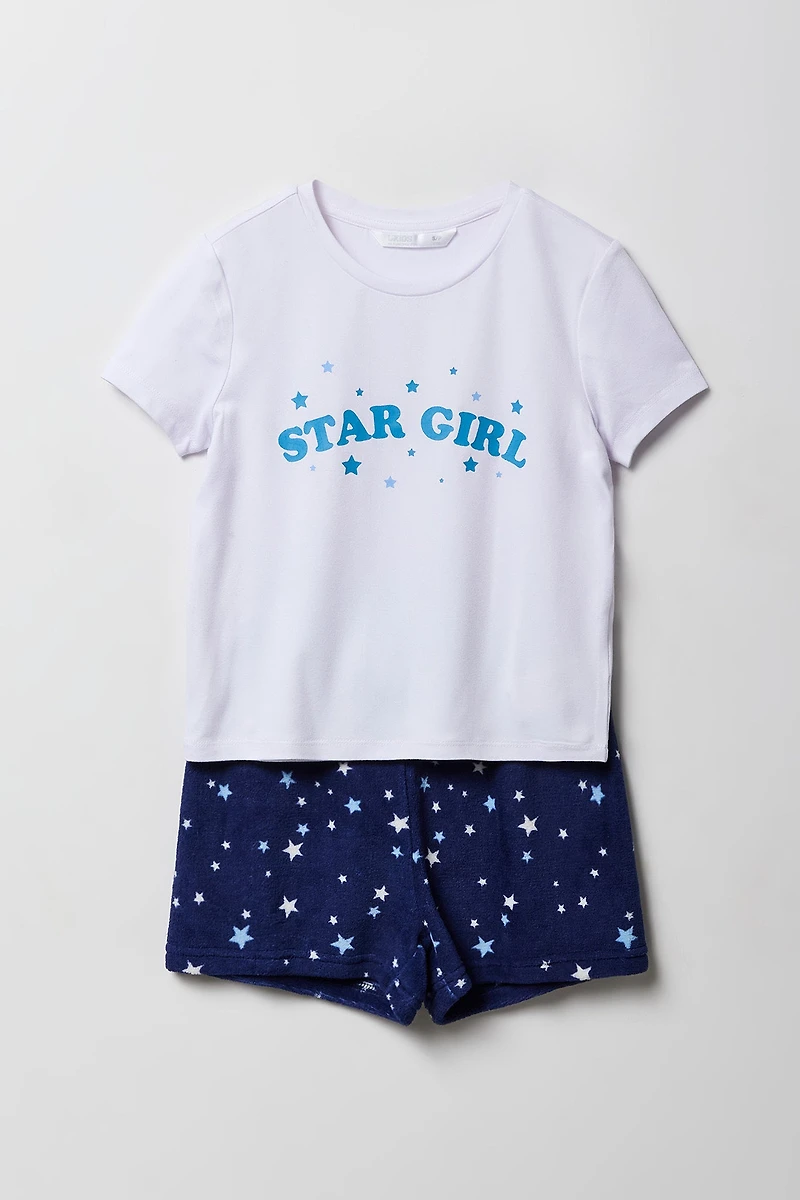 Ensemble-pyjama 2 pièces t-shirt à imprimé HD et short pelucheux pour filles