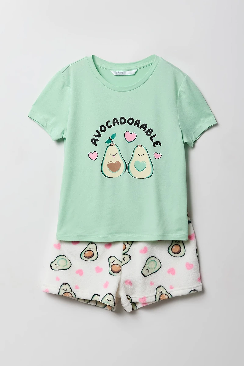 Girls HD Print T-Shirt & Plush Short 2 Piece Pajama Set