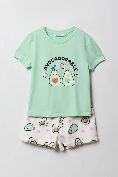 Girls HD Print T-Shirt & Plush Short 2 Piece Pajama Set