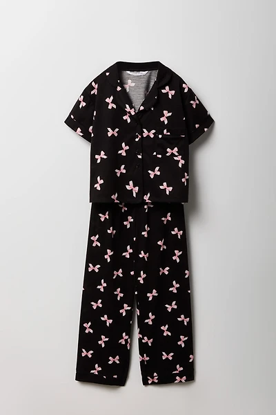 Girls Printed Button-Up Top & Pant 2 Piece Pajama Set