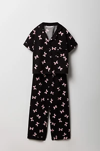 Girls Printed Button-Up Top & Pant 2 Piece Pajama Set