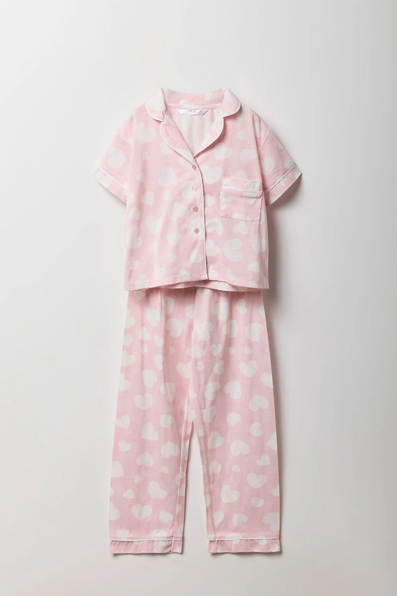 Girls Printed Button-Up Top & Pant 2 Piece Pajama Set
