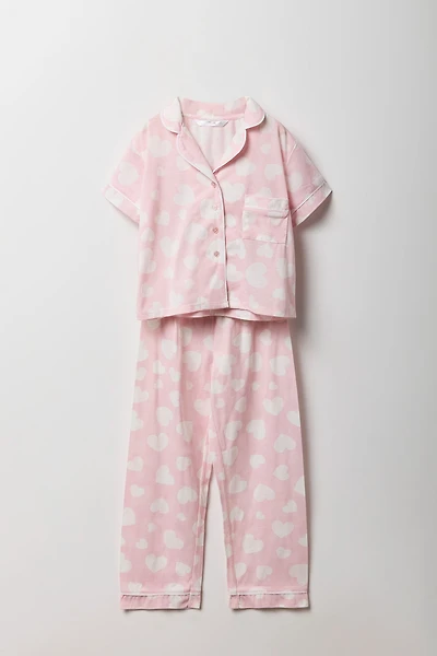 Girls Printed Button-Up Top & Pant 2 Piece Pajama Set