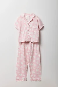 Girls Printed Button-Up Top & Pant 2 Piece Pajama Set