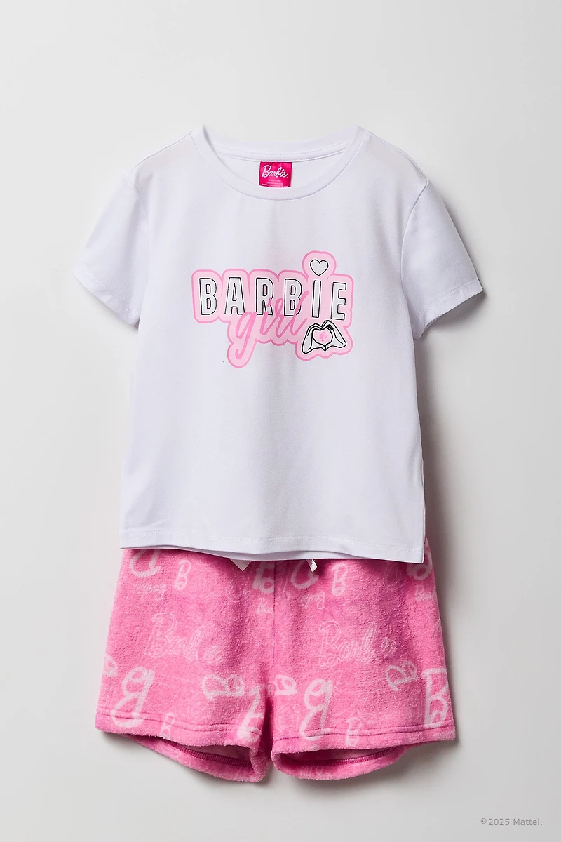 Ensemble-pyjama 2 pièces t-shirt imprimé Barbie et short pelucheux pour filles