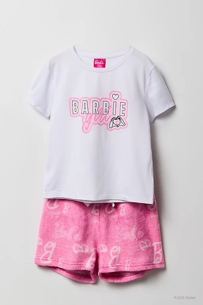 Ensemble-pyjama 2 pièces t-shirt imprimé Barbie et short pelucheux pour filles