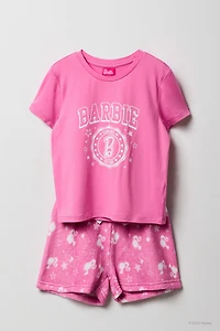 Barbie™ Girls Graphic T-Shirt & Plush Short 2 Piece Pajama Set