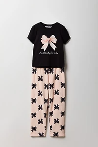 Girls Graphic T-Shirt & Plush Pant 2 Piece Pajama Set