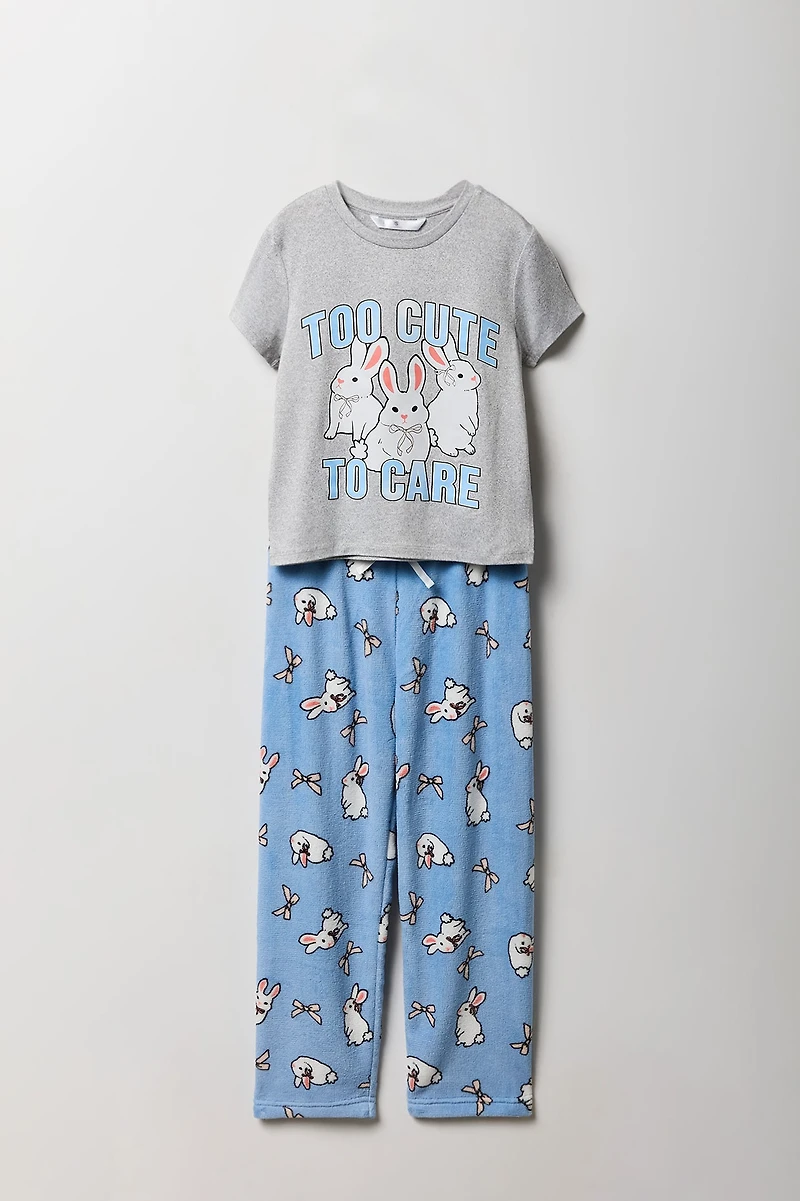 Girls Graphic T-Shirt & Plush Pant 2 Piece Pajama Set