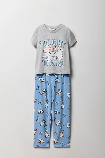 Girls Graphic T-Shirt & Plush Pant 2 Piece Pajama Set