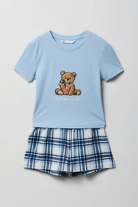 Girls Graphic T-Shirt & Flannel Short Pajama Set