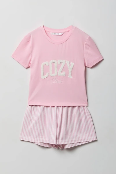 Girls Graphic T-Shirt & Flannel Short Pajama Set