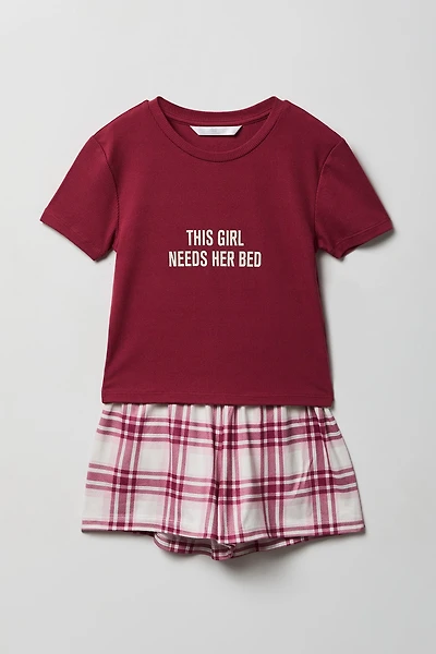 Girls Graphic T-Shirt & Flannel Short Pajama Set