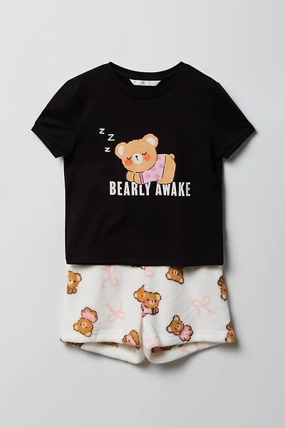 Girls Graphic T-Shirt & Plush Short Pajama Set