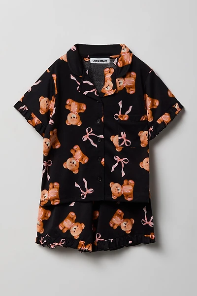Girls Ruffle Button-Up Top & Short Pajama Set