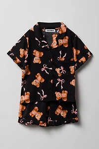 Girls Ruffle Button-Up Top & Short Pajama Set