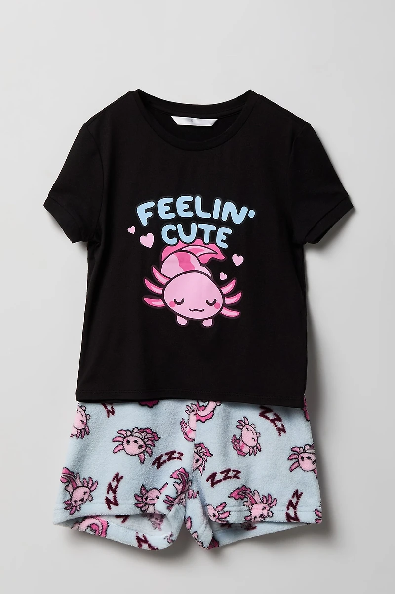 Girls Graphic T-Shirt & Plush Short Pajama Set