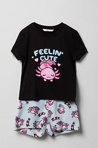 Girls Graphic T-Shirt & Plush Short Pajama Set