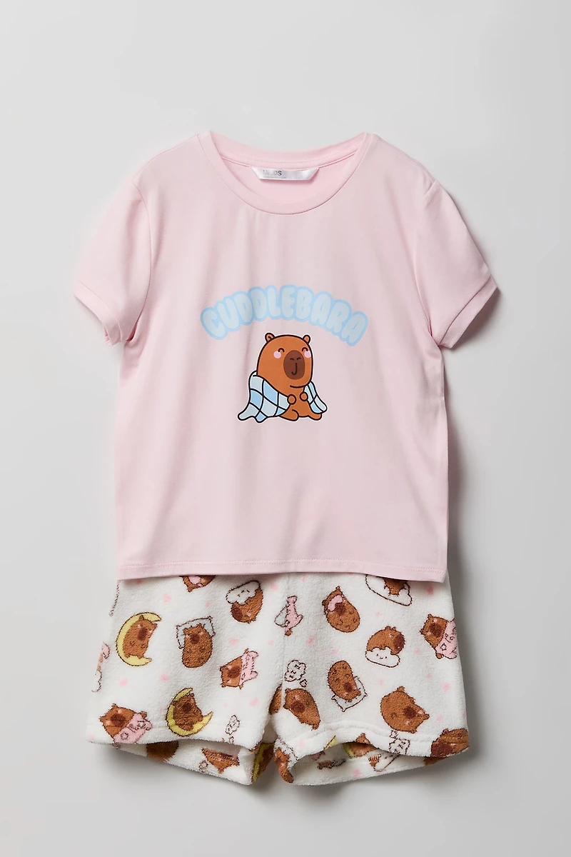 Girls Graphic T-Shirt & Plush Short Pajama Set