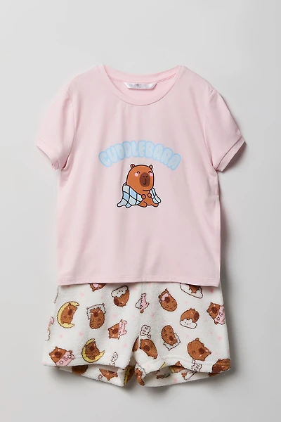 Girls Graphic T-Shirt & Plush Short Pajama Set