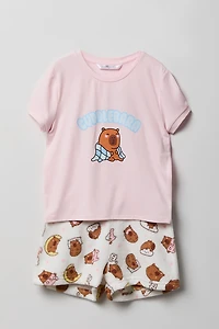 Girls Graphic T-Shirt & Plush Short Pajama Set