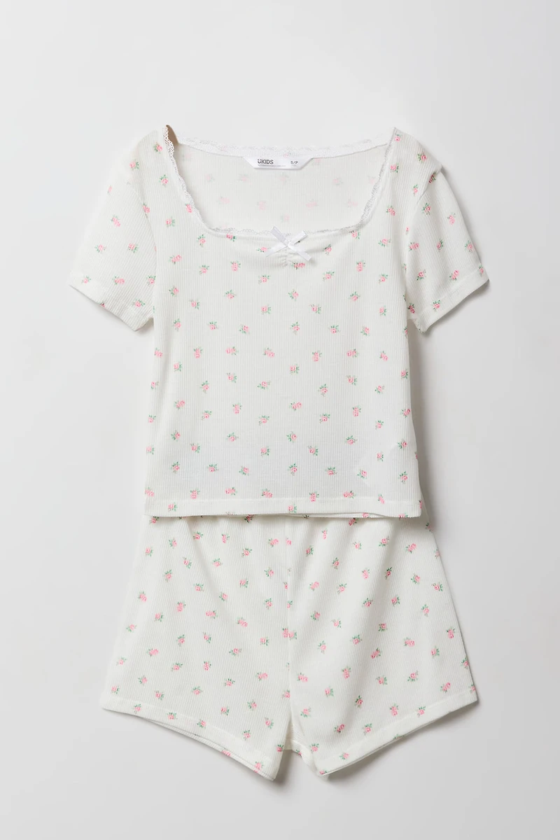 Ensemble pyjama avec haut à pois liséré de dentelle et short